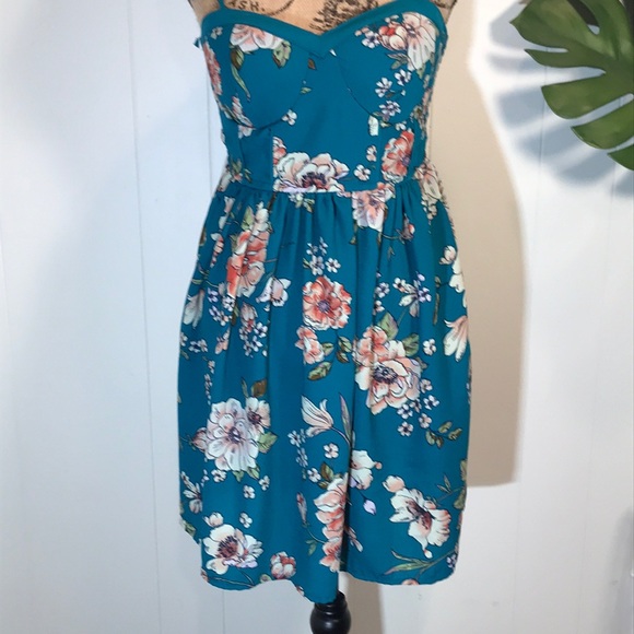 Xhilaration- Fit/flare Teal Blue Floral Sundress🌺 - Picture 2 of 8